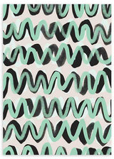 Tableau avec motif ondulé en zigzag turquoise, noir et gris sur fond clair, composition répétitive au style abstrait et graphique pour décoration murale. Disponible sur kudeko.com