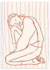 Quadro emoldurado com figura feminina sentada em linhas vermelhas, fundo creme com faixas rosa delicadas, num estilo de ilustração contemporâneo e sereno. Disponível em kudeko.com