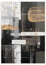 Gerahmtes abstraktes Wandbild mit überlagerten Blöcken in Schwarz, Weiß und Grau, feinen Linien, geometrischen Formen und goldenen Akzenten im zeitgenössischen Stil. Erhältlich auf kudeko.com