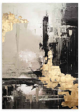 Abstraktes Wandbild mit unregelmäßigen überlagerten Blöcken in Schwarz, Beige, Grau und Gold, markanten Kontrasten und zeitgemäßem Stil. Erhältlich auf kudeko.com