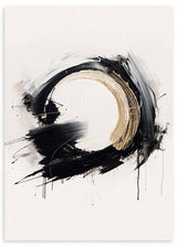 Quadro com grande forma circular em preto e bege, fundo branco pérola, composição abstrata com salpicos, traços largos e estilo contemporâneo minimalista. Disponível em kudeko.com