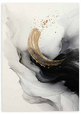 Tableau abstrait avec courbe dorée, formes fluides noires, grises et blanches, contraste marqué et style contemporain encadré pour le mur. Disponible sur kudeko.com