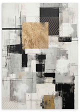 Quadro emoldurado com composição abstrata de blocos geométricos sobrepostos, linhas finas, preto, cinzento, branco e dourado, num estilo moderno e estruturado. Disponível em kudeko.com