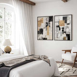 Wandbild mit abstrakter Komposition aus schwarzen, grauen und weißen Blöcken, goldenen Strukturelementen und feinen geometrischen Linien im zeitgenössischen abstrakten Stil. Erhältlich auf kudeko.com