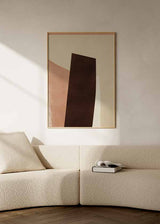 Tableau avec formes abstraites superposées en crème, beige, rose poudré et brun foncé, composition équilibrée au style abstrait apaisé pour décoration murale. Disponible sur kudeko.com