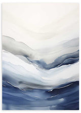 Gerahmtes Wandbild mit abstrakten fließenden Schichten in Marineblau, Perlgrau und Off-White, mit luftiger Wirkung und abstraktem Stil. Erhältlich auf kudeko.com