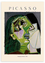 Cuadro con retrato cubista de mujer llorando, rostro anguloso en tonos verdes, negro, crema y lila, composición expresiva de estilo ilustración. Disponible en kudeko.com
