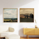 Cuadro cuadrado con paisaje de colinas difusas, campos en verde oliva y beige, cielo nuboso en azul grisáceo y estilo naturaleza y paisajes. Disponible en kudeko.com