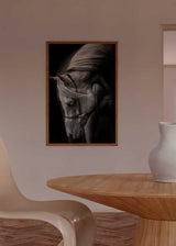 Cuadro de caballo blanco en primer plano con fondo negro, crin suave, mirada serena, alto contraste y estilo blanco y negro. Disponible en kudeko.com