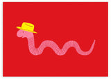Horizontales Wandbild mit gewelltem rosa Wurm, gelbem Hut, rotem Hintergrund und verspieltem Illustrationsstil für moderne Wandgestaltung. Erhältlich auf kudeko.com