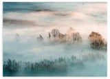 Cuadro horizontal de paisaje invernal con árboles entre niebla, tonos azul grisáceo, blanco y beige suave, de estilo naturaleza y paisajes. Disponible en kudeko.com