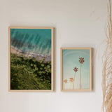 Gerahmtes Wandbild mit hohen Palmen vor türkisblauem Himmel, warmem Licht, sanften Reflexen und fotografischem Stil in Sand, Olivgrün und hellem Blau. Erhältlich auf kudeko.com