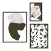 Conjunto de tres cuadros con formas orgánicas abstractas, rostro lineal y hojas en tonos blanco roto, negro y beige, de estilo abstracto. Disponible en kudeko.com
