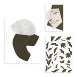 Conjunto de tres cuadros con formas orgánicas abstractas, rostro lineal y hojas en tonos blanco roto, negro y beige, de estilo abstracto. Disponible en kudeko.com