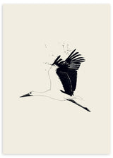 Lámina decorativa sin marco de estilo minimalista y blanco_y_negro, ilustración minimalista de cigüeña en vuelo, modelo Cigüeña volando