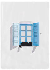 Lámina decorativa sin marco de estilo minimalista y blanco_y_negro, gato negro en ventana azul, modelo Gato en la ventana