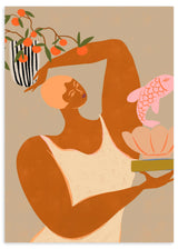 Lámina decorativa sin marco de estilo minimalista y orgánico, ilustración orgánica de mujer con pez y naranjas, modelo Fish And Oranges