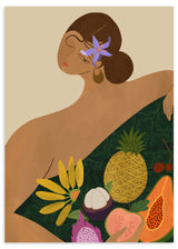 Lámina decorativa sin marco de estilo minimalista y orgánico, mujer tropical con frutas exóticas, modelo Fruit Seller