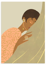 Lámina decorativa sin marco de estilo minimalista y orgánico, ilustración serena de mujer abrazando una hoja tropical, modelo The Introvert