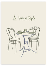 Lámina decorativa sin marco de estilo minimalista y sereno, ilustración minimalista de mesa y sillas con frase inspiradora, modelo La vida es simple