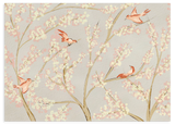 Dekoratives Wandbild ohne Rahmen im minimalistischen, ruhigen Stil, rosa Vögel zwischen Frühlingsblüten, Modell Pink Birds Spring Blossoms. Erhältlich auf kudeko.com