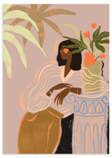 Lámina decorativa sin marco de estilo orgánico y abstracto, mujer serena entre hojas y flores, modelo Waiting