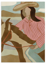 Lámina decorativa sin marco de estilo orgánico y minimalista, cowgirl a caballo en paisaje sereno, modelo Cowgirl Mountain Ride
