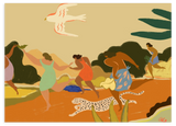 Lámina decorativa sin marco de estilo orgánico y minimalista, escena vibrante de mujeres corriendo en la naturaleza, modelo Run