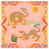 Lámina decorativa sin marco de estilo tonos_pastel y orgánico, tigres ilustrados en composición tropical, modelo Rawring Playmates