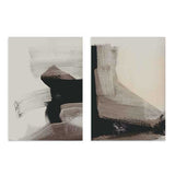 Conjunto de dois quadros com composição abstrata em preto, bege, taupe e branco cru, com formas amplas, blocos irregulares e contraste suave de estilo contemporâneo. Disponível em kudeko.com