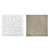 Conjunto de dois quadros com composições abstratas, linhas curvas e formas geométricas em branco quebrado, bege tostado e preto, num estilo abstrato contemporâneo e depurado. Disponível em kudeko.com