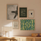Mural decorativo de cinco piezas de estilo minimalista y orgánico, mural botánico y natural en tonos verde y cielo, modelo Mural III - Jara cielo y verde