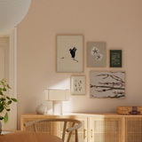 Mural decorativo de cinco piezas de estilo minimalista y orgánico, mural sereno de naturaleza con flores y cigüeña, modelo Mural III - Tierra serena