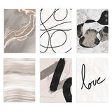 Conjunto de seis cuadros con formas abstractas, líneas negras, texturas beige y grises, composición moderna en tonos neutros y detalle tipográfico love, de estilo abstracto. Disponible en kudeko.com