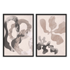Conjunto de dos cuadros abstractos en tonos neutros con formas orgánicas y estilo moderno. kudeko.com\n