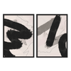 Conjunto de dos cuadros con formas abstractas en negro, gris topo y beige suave, composición gestual de estilo abstracto. Disponible en kudeko.com
