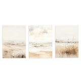 <b>Conjunto de tres cuadros abstractos </b>en tonos marfil, representación de paisaje de playa