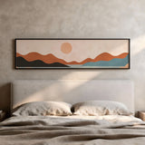 Tableau horizontal minimaliste présentant un paysage serein avec des montagnes et un soleil chaleureux. Disponible sur kudeko.com