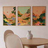 Conjunto de tres cuadros coloridos con paisajes abstractos y sol rojo. kudeko.com