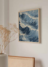 Cuadro vintage con ilustración de olas en tonos azul y blanco – kudeko.com