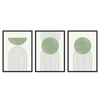 Set aus drei Wandbildern mit schwarzen linearen Bögen, Kreis und Halbkreis in Salbeigrün auf hellem Hintergrund, im klaren geometrischen Stil. Erhältlich auf kudeko.com