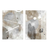Conjunto de dois quadros com linhas abstratas pretas e brancas, formas orgânicas translúcidas em bege, cinzento e branco, composição suave e contemporânea de estilo abstrato. Disponível em kudeko.com
