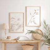 Conjunto de dos cuadros con espigas de avena beige, crema y marrón claro, composición botánica ligera sobre fondo blanco, de estilo minimalista. Disponible en kudeko.com