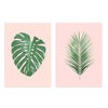 conjunto de cuadros de ilustraciones florales sobre fondo rosa, hojas verdes - kudeko