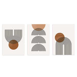 Ensemble de trois tableaux avec demi-arcs linéaires noirs, demi-cercles superposés et cercles en tons terracotta et beige, dans un style géométrique sur fond clair. Disponible sur kudeko.com