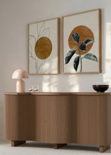Conjunto de dos cuadros decorativos de estilo minimalista y orgánico, dúo botánico minimalista con sol ocre, modelo Two Combo - Sun & Plant