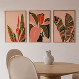 decoración con cuadros, ideas - conjunto de cuadros florales y coloridos, ilustraciones en tonos rojos - kudeko