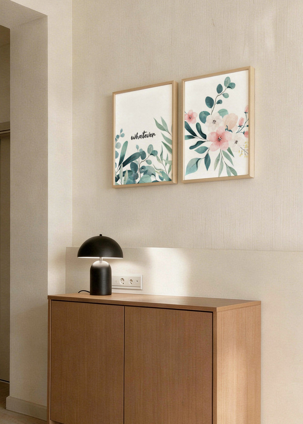 Conjunto de dos cuadros decorativos de estilo minimalista y nórdico, díptico floral en acuarela con frase decorativa, modelo Two Combo - Whatever