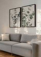 Conjunto de dos cuadros decorativos de estilo minimalista y orgánico, dúo botánico de hojas de eucalipto, modelo Two Combo - Eucalipto
