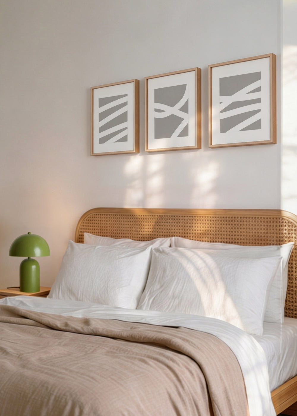 Set aus drei Wandbildern mit abstrakten Formen aus breiten weißen Linien auf taupegrauem Hintergrund, klare und ausgewogene Komposition im zeitgenössischen minimalistischen Stil. Erhältlich auf kudeko.com